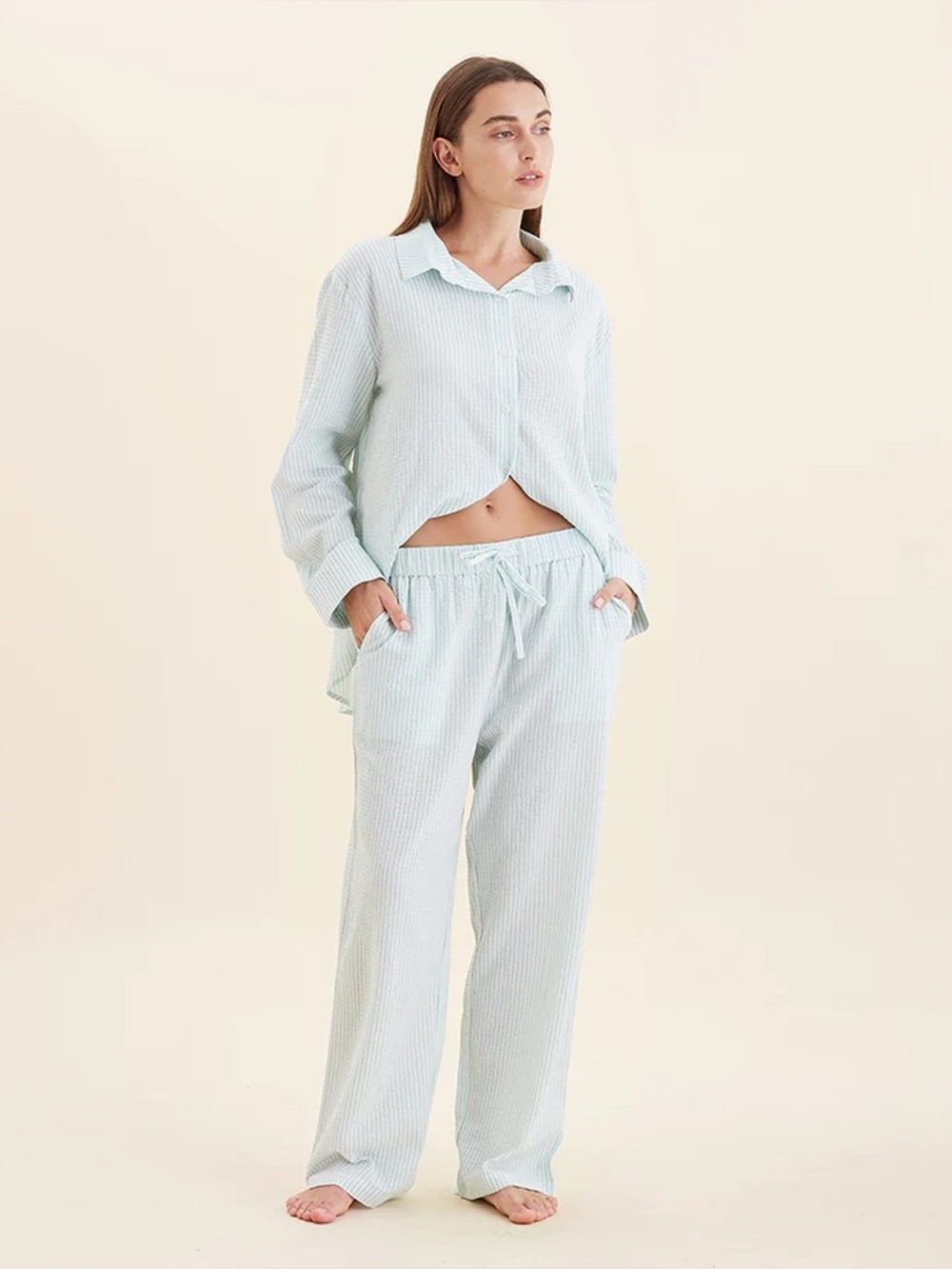 Papinelle Sabine Seersucker Stripe Full Length Pajama Set, Mint Green, M - Picture 16 of 16